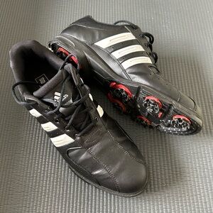 adidas Men’s Black White Golf Cleats with Red Spike Accents